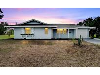 Light blue house with a white garage door and landscaped yard at 1201 Harkness Way, Sun City Center, FL 33573
