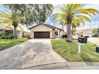 Charming single-story home features a well-manicured lawn, a private two-car garage, and mature palm trees at 6208 Spoonbill Dr, New Port Richey, FL 34652