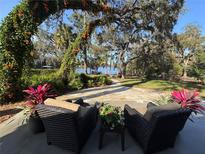 Picturesque outdoor patio setting with a direct view of the peaceful lake and well-manicured garden at 8529 Old Country Rd, Odessa, FL 33556