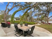 A beautiful patio with a table and chairs overlooks the lake, framed by a tree covered in vines at 8529 Old Country Rd, Odessa, FL 33556