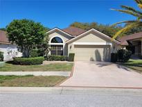 Tan one-story house with a two-car garage and landscaped yard at 9305 Haas Dr, Hudson, FL 34669