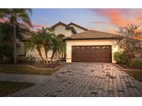 Beautiful home with a brown garage door and brick driveway at 18052 Java Isle Dr, Tampa, FL 33647