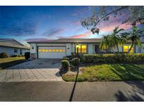 Inviting home exterior featuring a well-manicured lawn and a two-car garage at 2407 Locksley St # 224, Sun City Center, FL 33573