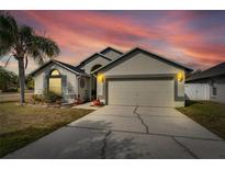 Charming single-story home boasts a two-car garage, lovely landscaping, and a beautiful sunset backdrop at 31935 Brookstone Dr, Wesley Chapel, FL 33545