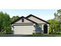 Two-car garage, neutral-toned exterior, and landscaping at 12019 Lansing Gln, Parrish, FL 34219