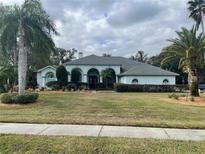 Single-story house with a green roof, light-blue walls, and a well-maintained lawn at 17740 Lake Key Dr, Odessa, FL 33556