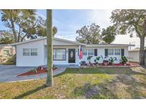 Charming single-story home with a landscaped front yard and black trimmed windows, complete with an American flag at 4116 Ohio Ave, Tampa, FL 33616