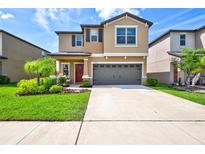 Two-story house with gray garage door, red front door, and landscaped lawn at 5513 Rainwood Meadows Dr, Apollo Beach, FL 33572