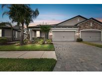 Two-car garage, paver driveway, and well-manicured landscaping at 19315 Hawk Valley Dr, Tampa, FL 33647