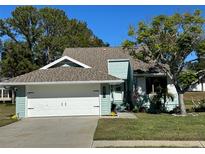 Cute light green house with a white garage door and well-maintained lawn at 1005 Lake Avoca Pl, Tarpon Springs, FL 34689