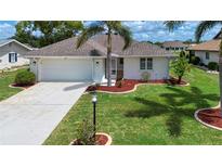 Charming home featuring well-manicured lawn, palm trees, and a two-car garage at 609 Fort Duquesna Dr, Sun City Center, FL 33573