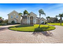 Stately home featuring a circular driveway, towering columns, well-manicured lawn, and lush palm trees at 11518 Hammock Oaks Ct, Lithia, FL 33547