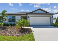 Charming single-story home featuring a well-manicured front yard and a two-car garage at 12815 Wanderlust Pl, Parrish, FL 34219