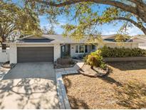 Charming single-story home with a well-maintained lawn, mature trees, and a two-car garage at 1695 Honeybear Ln, Dunedin, FL 34698