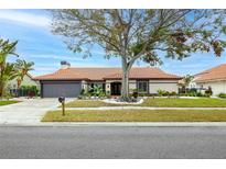Charming single-story home with a tile roof, lush landscaping, and a mature tree in the front yard at 5809 Cruiser Way, Tampa, FL 33615