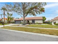 Charming single-story home featuring a tile roof, neutral exterior, well-manicured lawn, and mature landscaping at 5809 Cruiser Way, Tampa, FL 33615