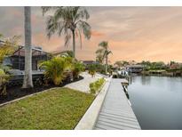 Beautiful waterfront property with a private dock, lush landscaping, and palm trees against a colorful sunset sky at 5809 Cruiser Way, Tampa, FL 33615