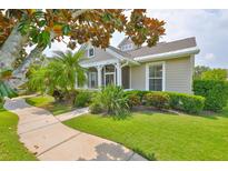 Charming single-story home featuring a covered porch, well-manicured lawn, and lush landscaping at 217 Oceania Ct, Apollo Beach, FL 33572