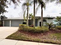 Charming single-story home featuring a well-maintained lawn, lush landscaping, and mature palm trees at 17707 Emerald Green Pl, Tampa, FL 33647