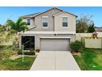 Beautiful two-story home with a well-maintained lawn, two car garage, and neutral color scheme at 17102 Yellow Pine St, Wimauma, FL 33598