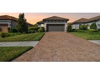 Charming one-story home featuring a tile roof, two-car garage, and a brick-paved driveway surrounded by a well-maintained lawn at 11125 Callisia Dr, Odessa, FL 33556