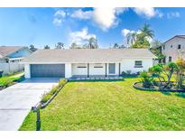 Charming single-story home featuring a well-manicured lawn, attached garage, and inviting front porch at 8722 Elmwood Ln, Tampa, FL 33615