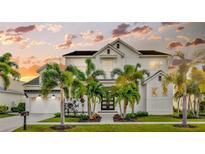 Beautiful two-story white home with a black roof and lush landscaping including mature palm trees at 615 Mirabay Blvd, Apollo Beach, FL 33572