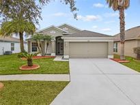 Charming single-story home with manicured lawn, mature palm trees, and a two-car garage at 5809 War Admiral Dr, Wesley Chapel, FL 33544
