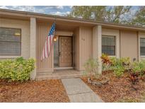 Charming front entrance to the home features an American flag, neat landscaping, and a welcoming front door at 20 Sylvia Pl, Oldsmar, FL 34677