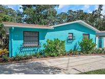 Charming home featuring a vibrant turquoise exterior, well-maintained landscaping, and newly paved driveway at 717 Carolina Ave, Tarpon Springs, FL 34689
