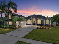 Stunning exterior shot showcasing a well-manicured lawn and a beautiful residence with a two-car garage at 1111 Carriage Park Dr, Valrico, FL 33594