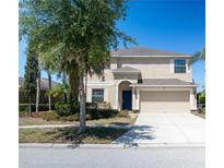 Charming two-story home with a well-manicured lawn, palm trees, and attached two-car garage at 18311 Arbor Crest Dr, Hudson, FL 34667