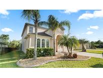 Charming two-story home with tropical landscaping, manicured lawn, and a welcoming entrance at 4110 Huntingdale Ct, Wesley Chapel, FL 33543
