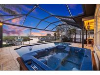 Screened-in pool with a hot tub overlooks a serene waterfront view, offering a luxurious outdoor retreat at 1881 Riveredge Dr, Tarpon Springs, FL 34689