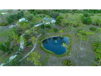 Expansive aerial view of estate with pond, fountain, lush landscaping and charming home at 7425 245Th E St, Myakka City, FL 34251
