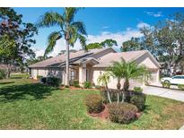 Charming single-story home featuring mature landscaping with palm trees, lush green grass, and an attached two-car garage at 13252 Norman Cir, Hudson, FL 34669