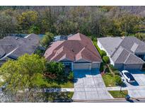 An aerial view of a single-Gathering home with a screened-in pool, mature trees, and well-maintained landscaping at 8205 Prairie Ridge Way, Tampa, FL 33647