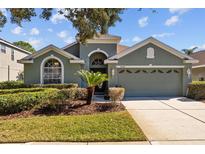 Charming single-story home featuring a two car garage and mature landscaping at 18605 Le Dauphine Pl, Lutz, FL 33558
