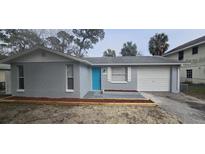 Charming single-story home featuring a vibrant blue front door and well-maintained landscaping at 8138 Papaya St, Port Richey, FL 34668