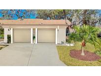 A beige two-car garage with a concrete driveway and a small palm tree in the landscaped front yard at 2606 Oak Cir, Tarpon Springs, FL 34689