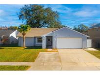 Charming one-story home with a well-manicured lawn, blue paint, and a driveway leading to a two-car garage at 16109 Northglenn Dr, Tampa, FL 33618