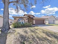Inviting single-Gathering home with a well-manicured lawn, two-car garage, neutral stucco exterior, and tasteful landscaping at 2020 Cattleman Dr, Brandon, FL 33511