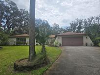 Charming single-story home featuring a brown two-car garage and a well-maintained lawn with mature trees at 6524 Coronet Dr, New Port Richey, FL 34655