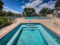 Community hot tub and pool featuring lounge chairs surrounded by trees under a blue sky with white clouds at 5925 Terrace Park N Dr # 111, St Petersburg, FL 33709