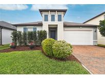 Charming single-Gathering home with a brick driveway, lush lawn, and well-manicured landscaping at 9645 Little Bluestem Dr, Land O Lakes, FL 34637