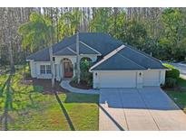 An inviting single-story home with a well-manicured lawn, three-car garage, and tropical landscaping at 1405 Kensington Woods Dr, Lutz, FL 33549
