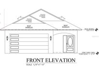 Architectural drawing of the front elevation showing the garage, front door and stucco exterior finish of the home at 3413 N 72Nd St, Tampa, FL 33619