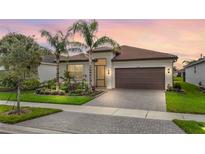 Beautiful single-story home with a paver driveway, tropical landscaping, and a tile roof in a well-maintained neighborhood at 15434 Santa Pola Dr, Wimauma, FL 33598
