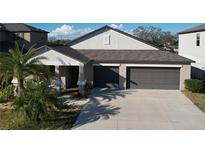 Charming home featuring a two-car garage, covered porch, and tropical landscaping at 197 Rain Berry Ave, Ruskin, FL 33570