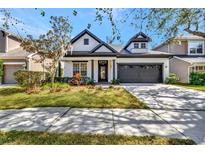 Charming home featuring a manicured lawn, stylish black trim, and an attached two-car garage at 3510 Brook Crossing Dr, Brandon, FL 33511